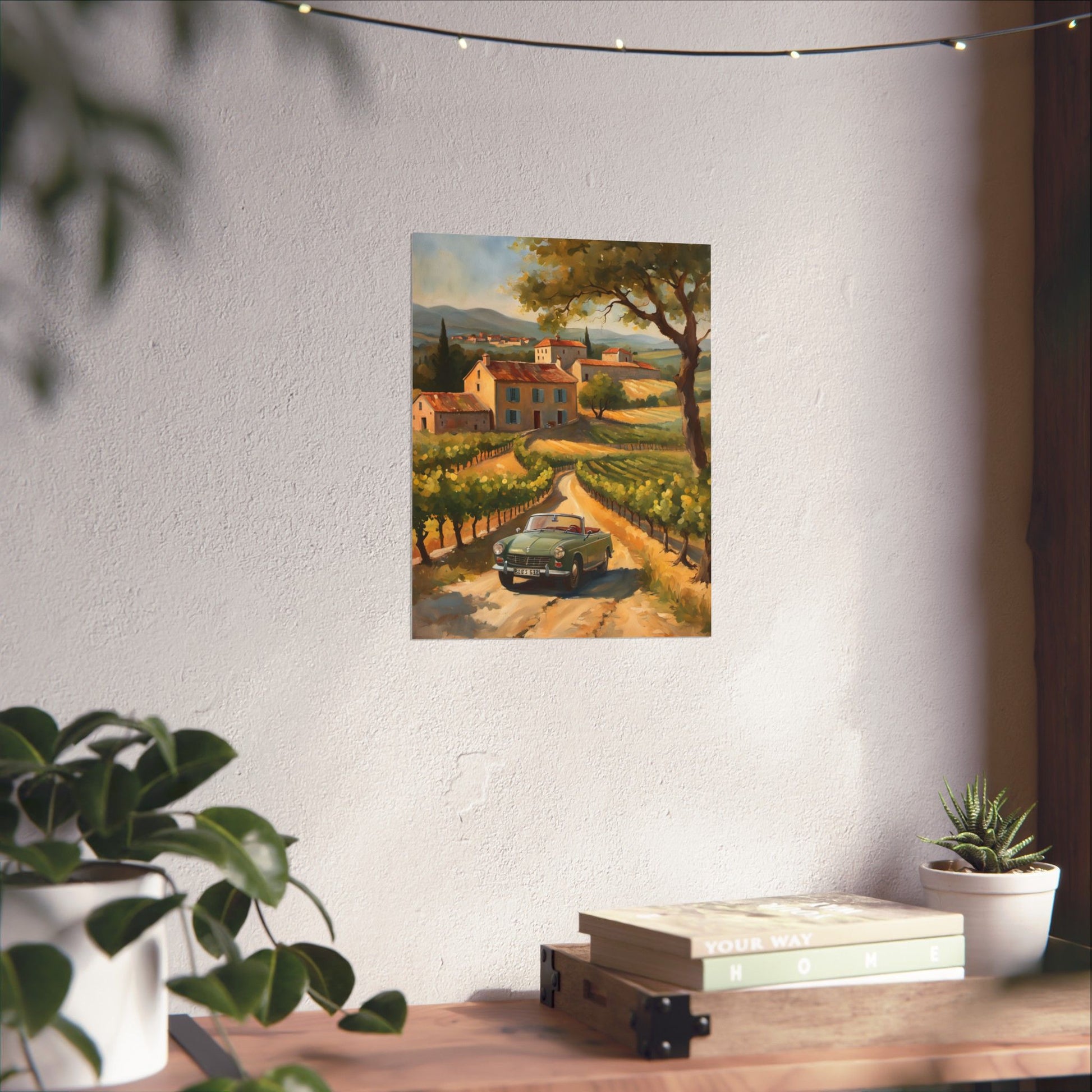 Beautiful Vintage Car Landscape Poster featuring a scenic vineyard road and a classic car