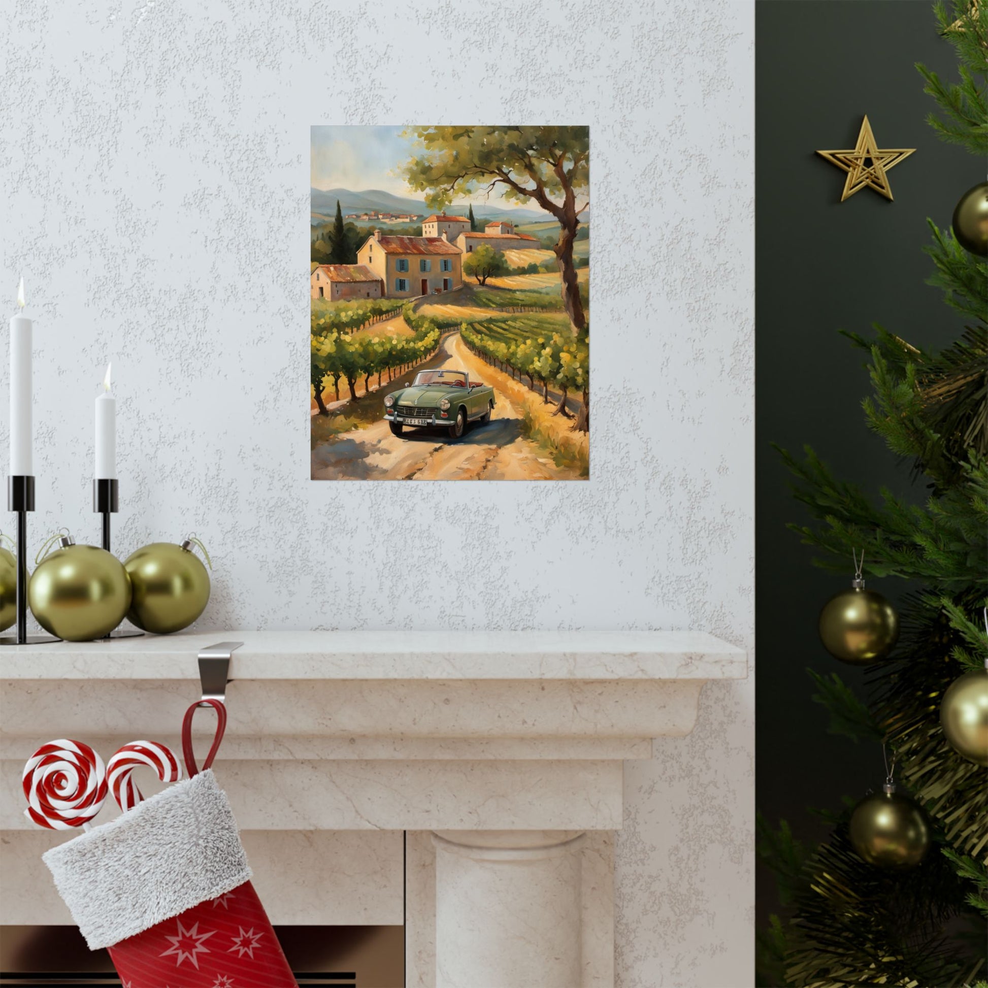 Vintage Car Landscape Poster featuring a scenic vineyard view and classic vehicle near a farmhouse