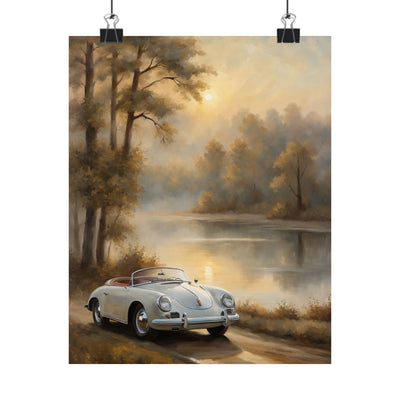 Vintage Car Landscape Poster featuring a classic white car in a serene nature setting with trees and a calm lake