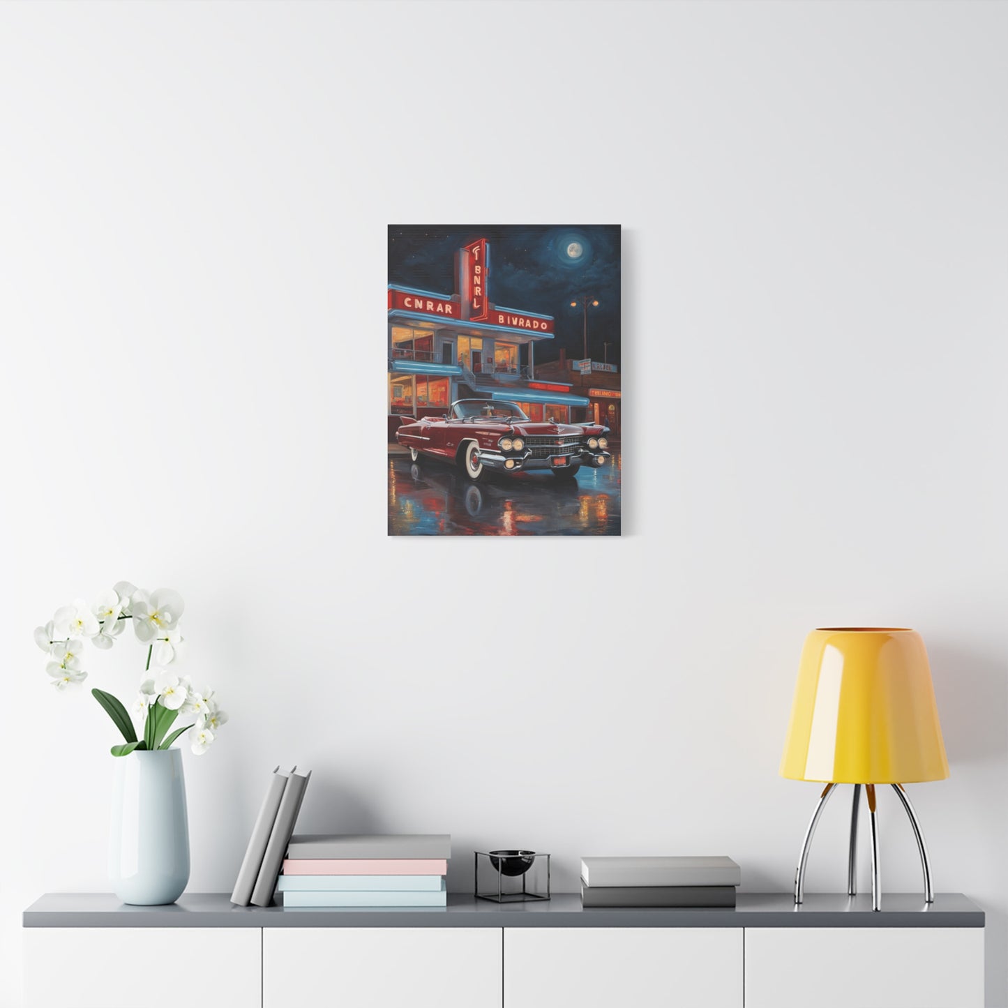 Vintage Car Matte Canvas Art featuring a classic car parked at a retro gas station under a night sky