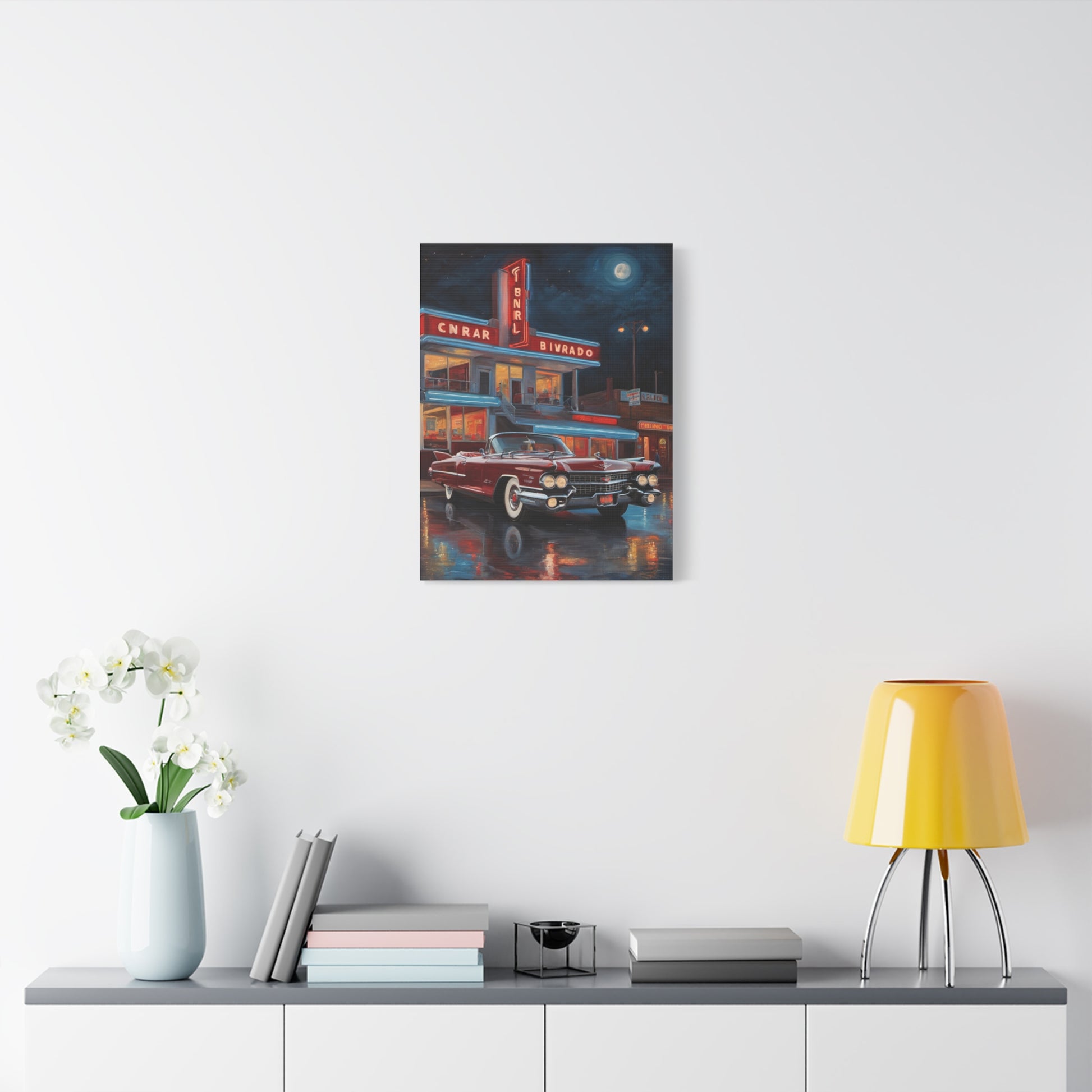 Vintage Car Matte Canvas Art featuring a classic car parked at a retro gas station under a night sky