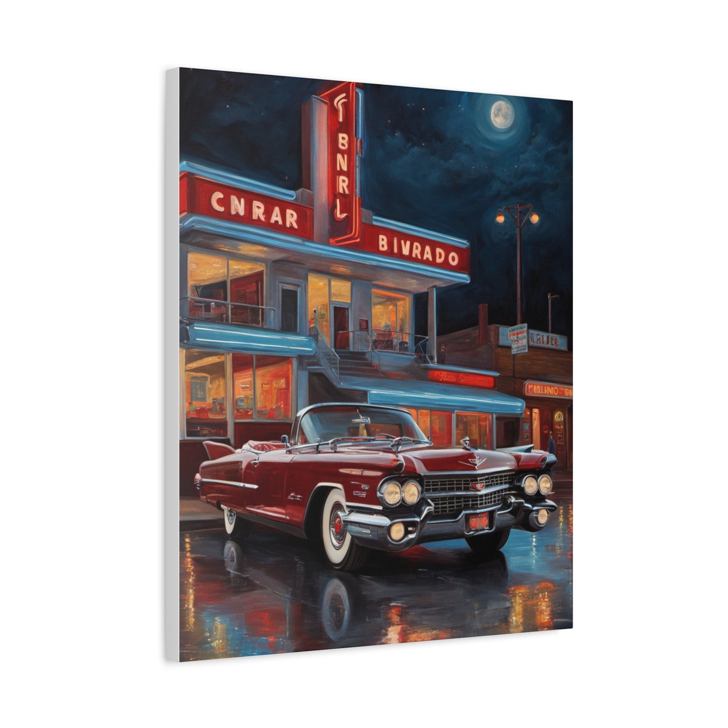 Vintage Car Matte Canvas Art featuring a classic red convertible in a nostalgic nighttime scene