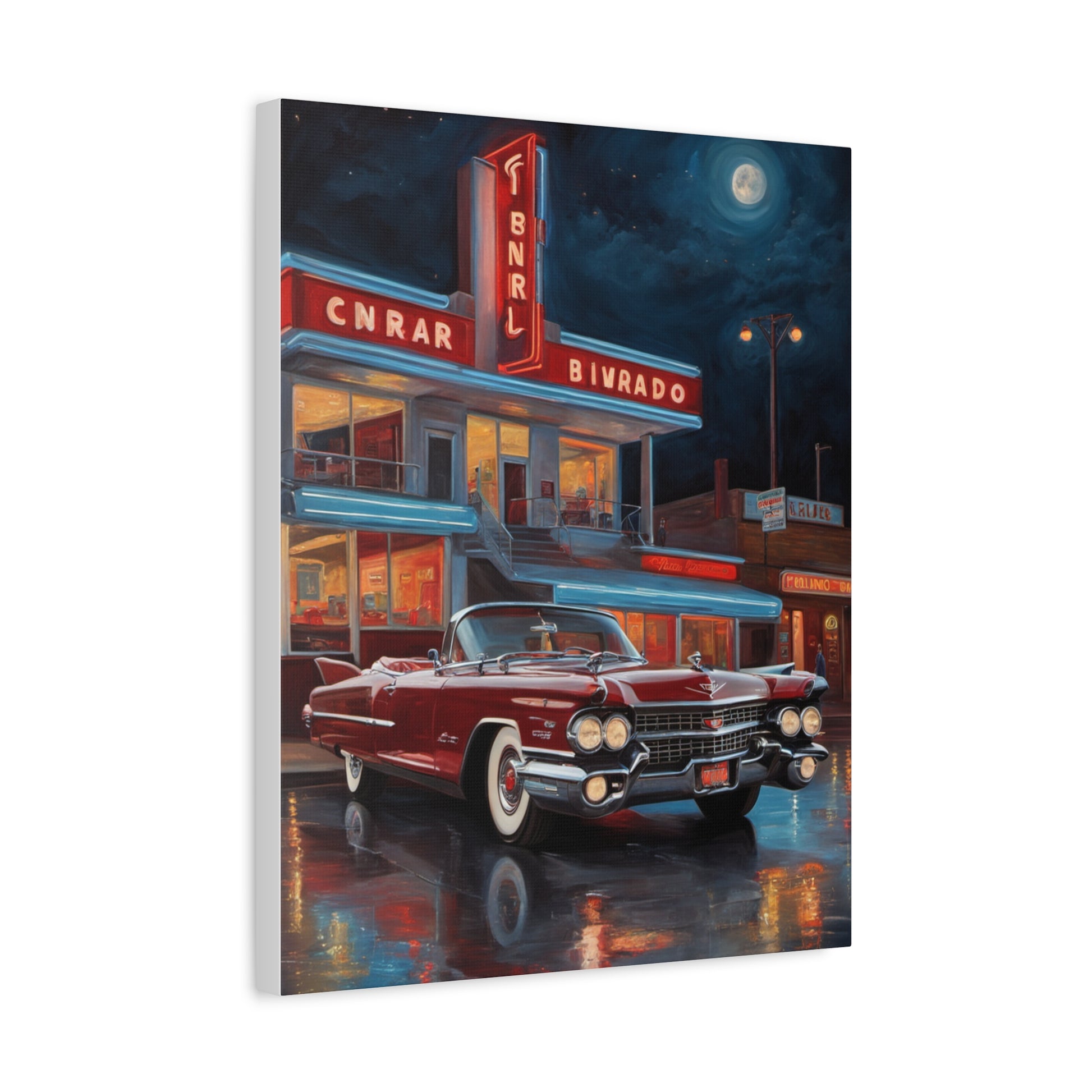 Vintage Car Matte Canvas Art featuring a classic red convertible parked at a retro diner under moonlight