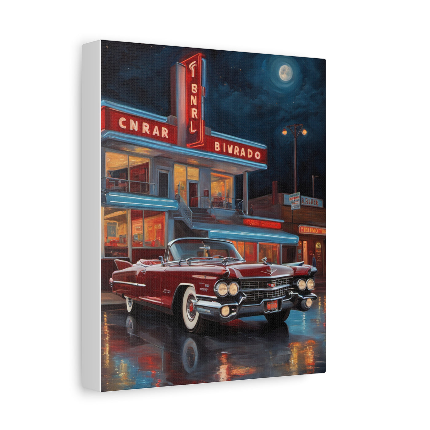 Vintage Car Matte Canvas Art featuring a classic red car in a retro city scene at night