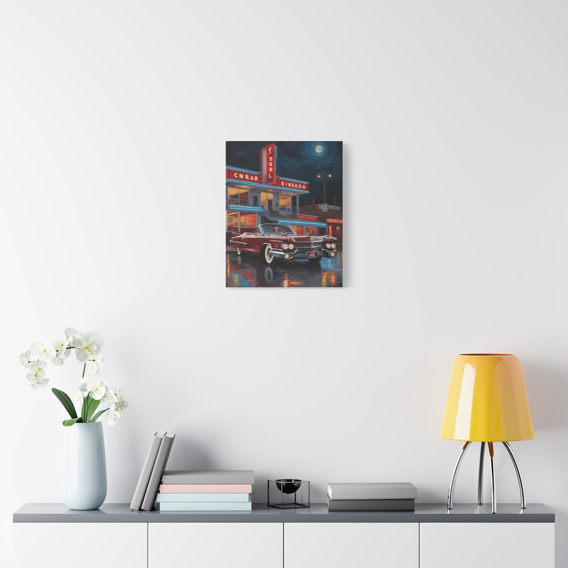 Vintage Car Matte Canvas Art featuring a classic car at a retro cinema under neon lights