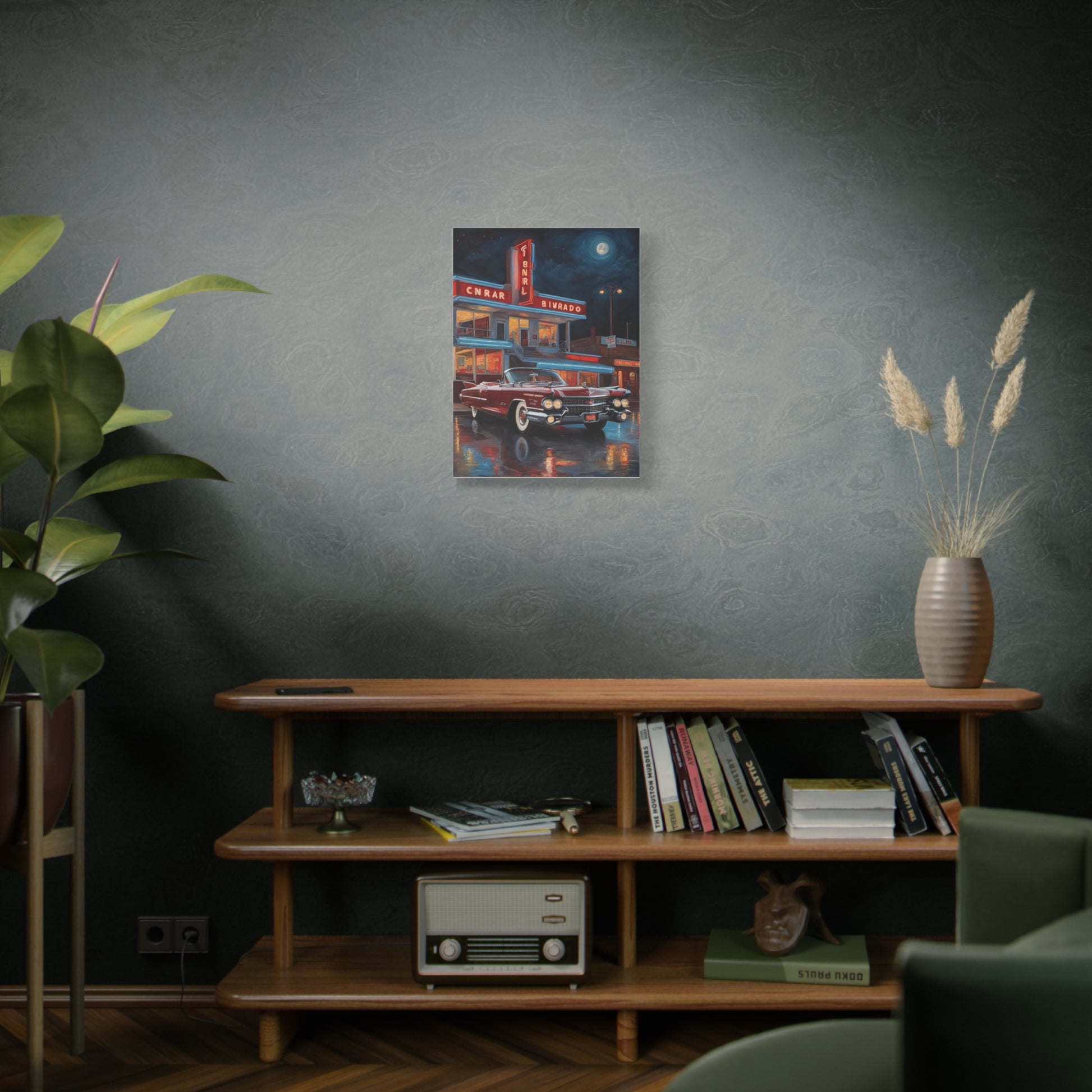 Vintage Car Matte Canvas Art displayed in a stylish living room with plants and books