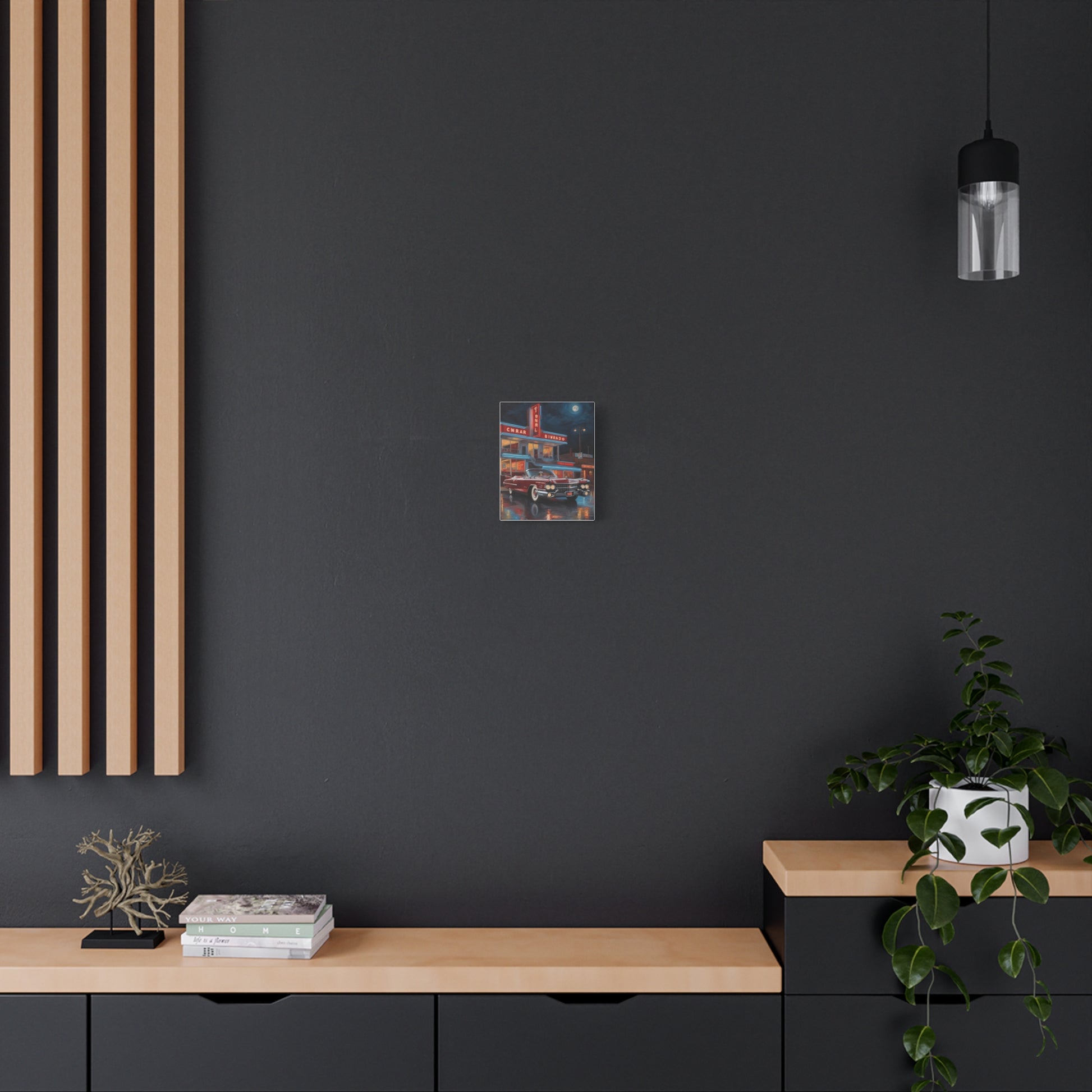 Vintage Car Matte Canvas Art displayed on a dark wall, enhancing modern home decor