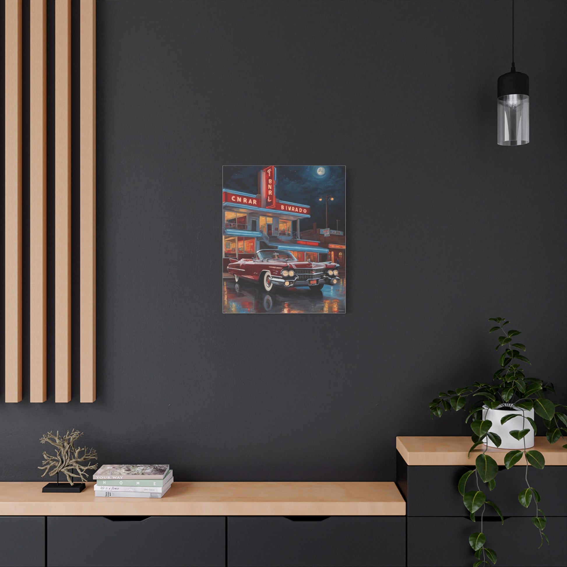 Vintage Car Matte Canvas Art showcasing a classic car in a retro diner setting at night