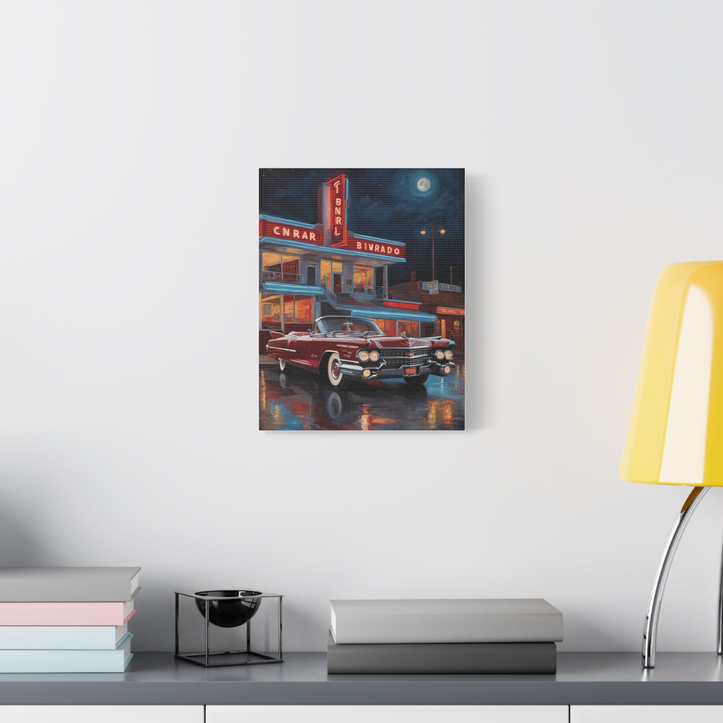 Vintage Car Matte Canvas Art featuring a classic car parked outside a vintage diner at night