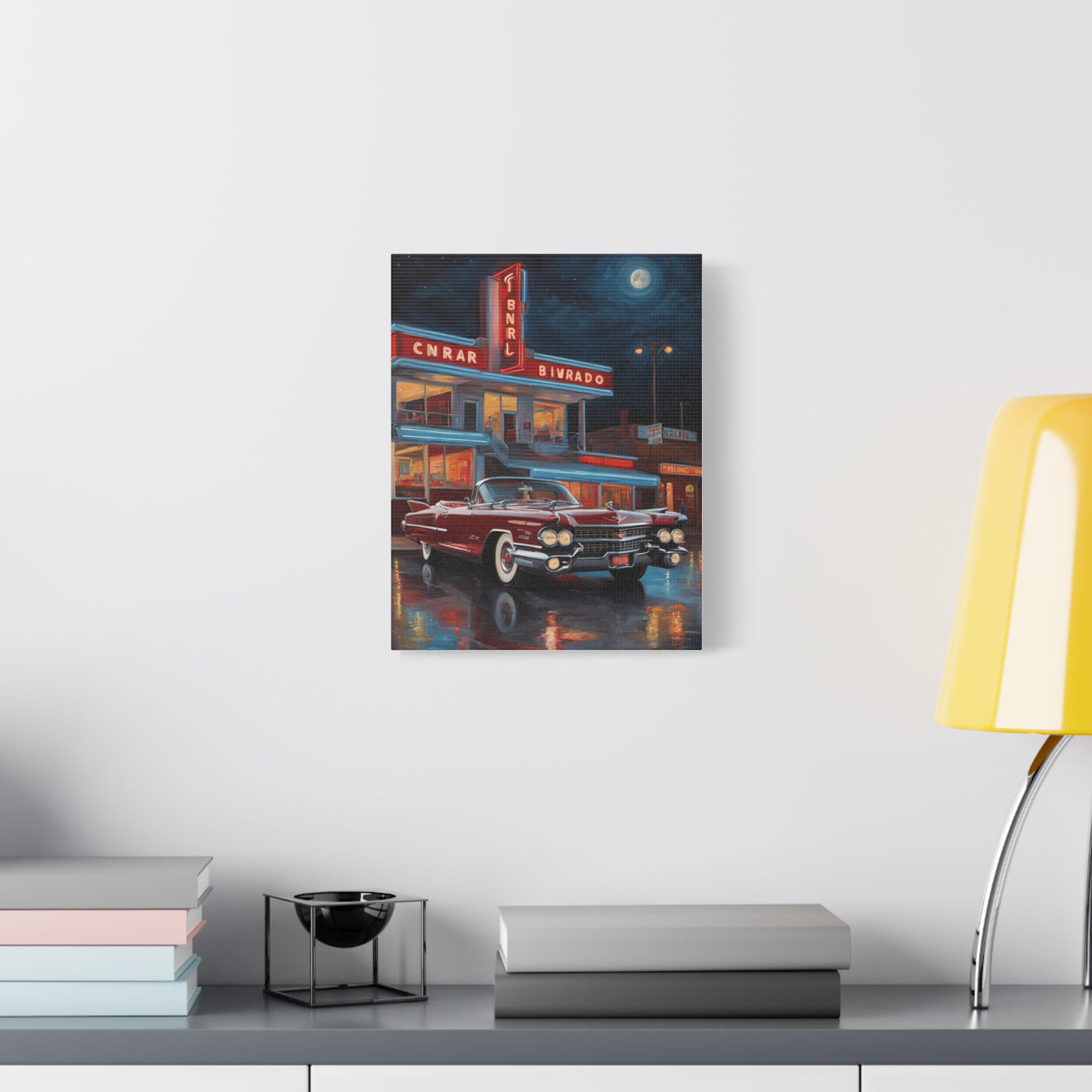 Vintage Car Matte Canvas Art featuring a classic car parked outside a vintage diner at night