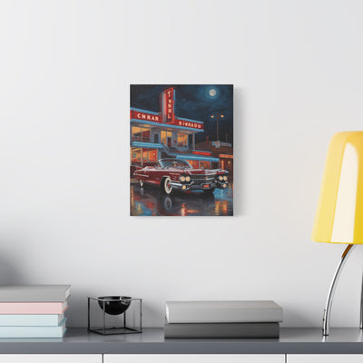 Vintage Car Matte Canvas Art featuring a classic car parked outside a vintage diner at night