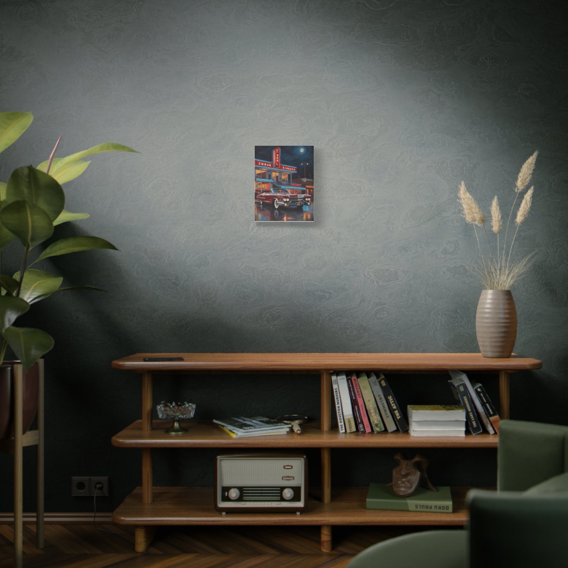 Vintage Car Matte Canvas Art displayed on a stylish living room wall with green decor