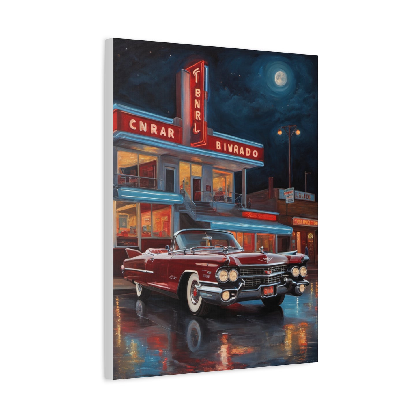 Vintage Car Matte Canvas Art featuring a classic Cadillac with a retro diner backdrop at night