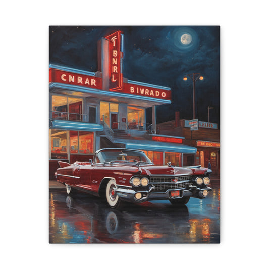 Vintage Car Matte Canvas Art featuring a classic red convertible in a retro night scene