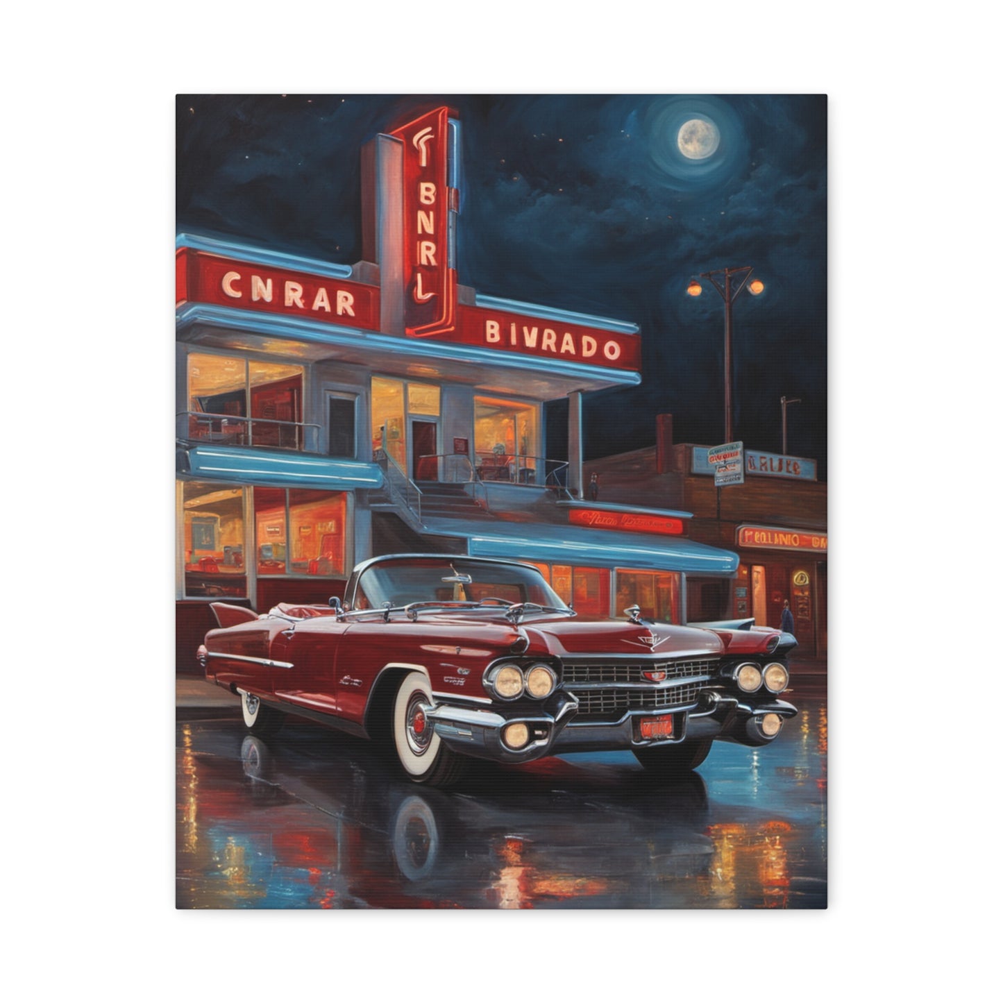 Vintage Car Matte Canvas Art featuring a classic red convertible against a nighttime diner backdrop