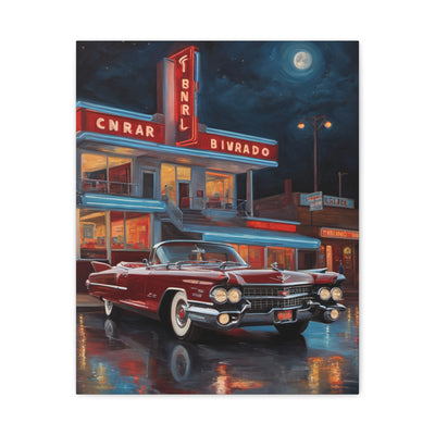 Vintage Car Matte Canvas Art featuring a classic red convertible against a nighttime diner backdrop
