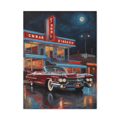 Vintage Car Matte Canvas Art featuring a Classic Cadillac Under a Moonlit Sky