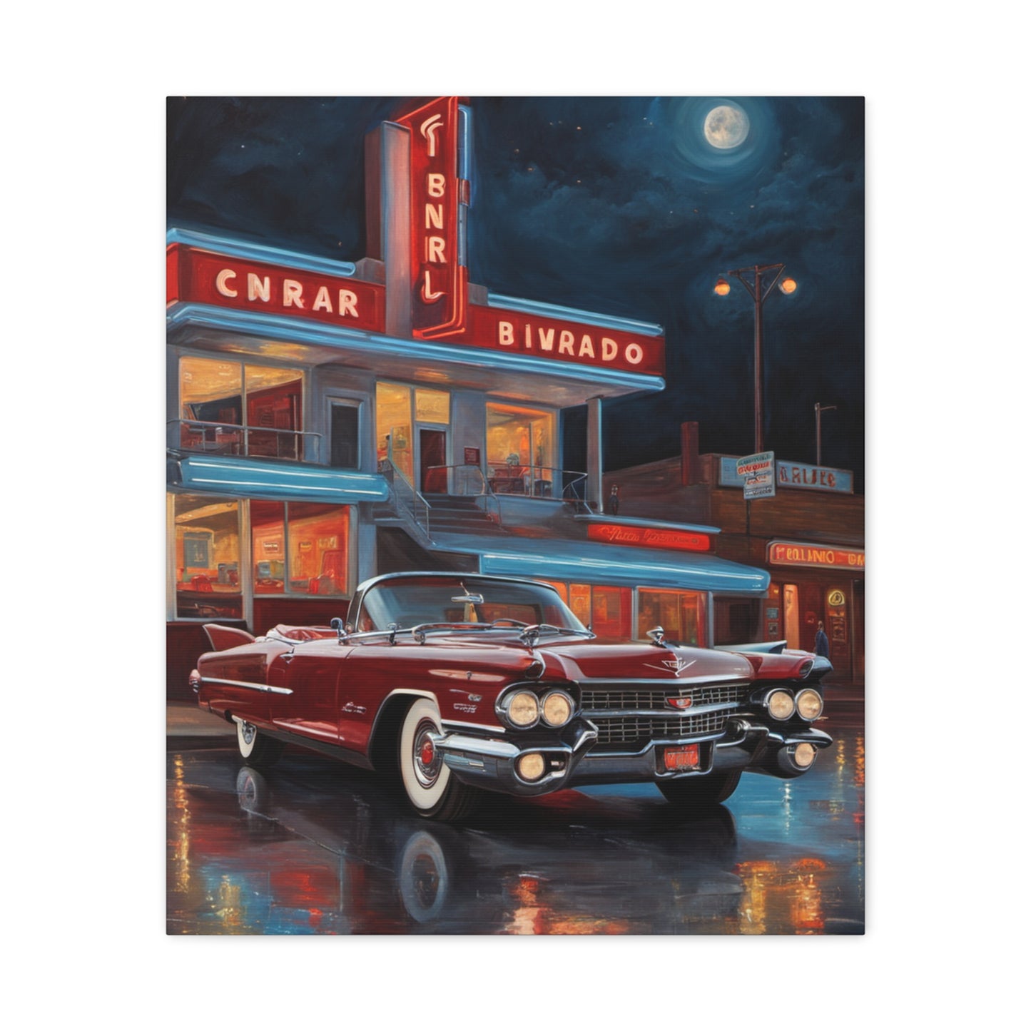 Vintage Car Matte Canvas Art featuring a classic red convertible under a moonlit night sky