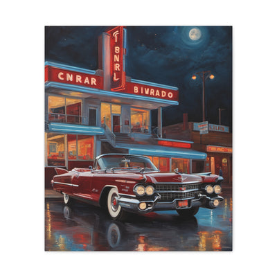 Vintage Car Matte Canvas Art featuring a classic red convertible under a moonlit night sky