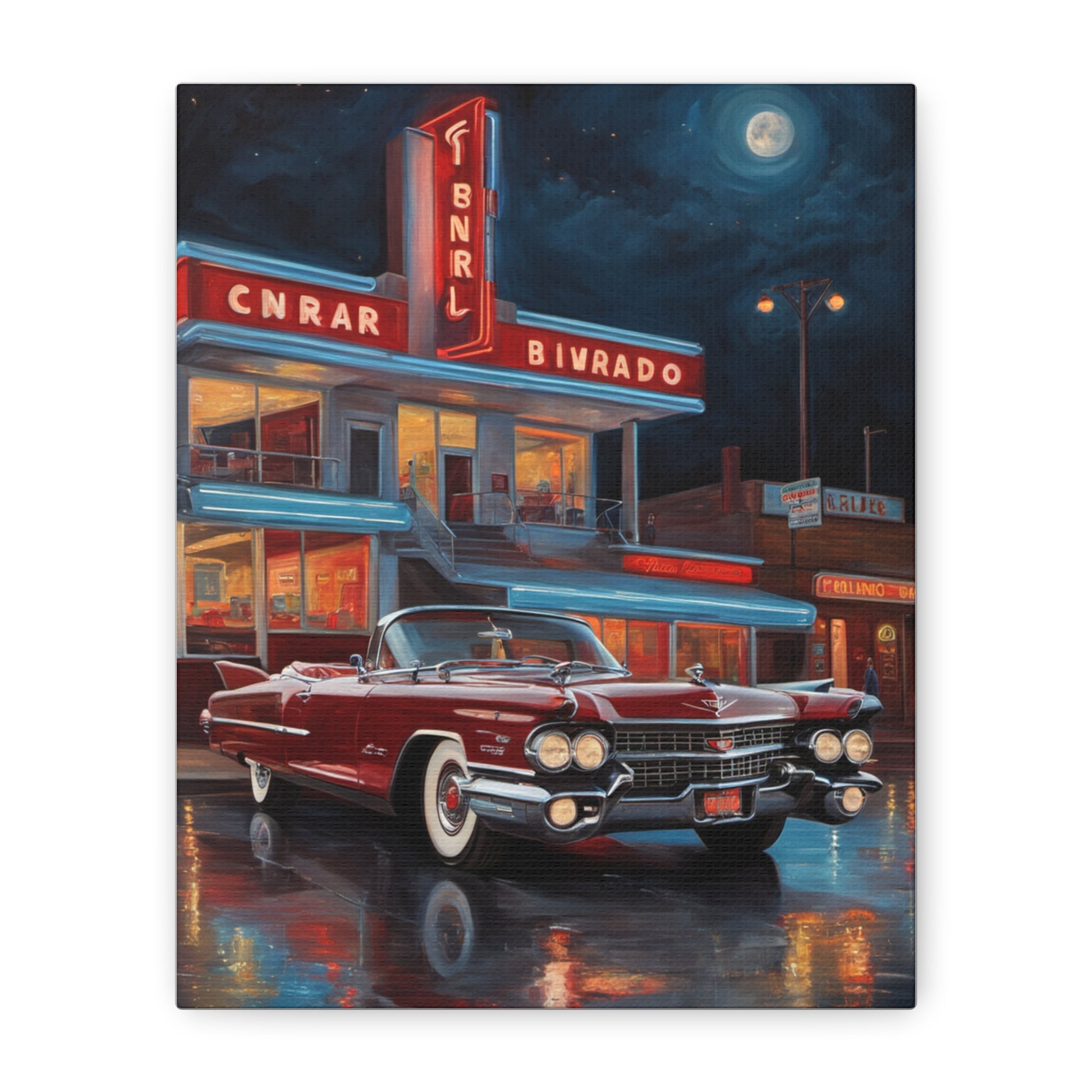 Vintage Car Matte Canvas Art featuring a classic red convertible under moonlight at a retro diner