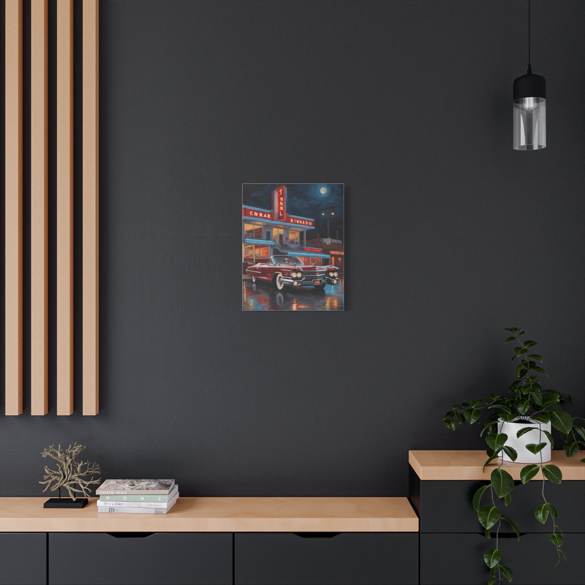 Vintage Car Matte Canvas Art displayed on a modern wall with wooden accents and minimal decor
