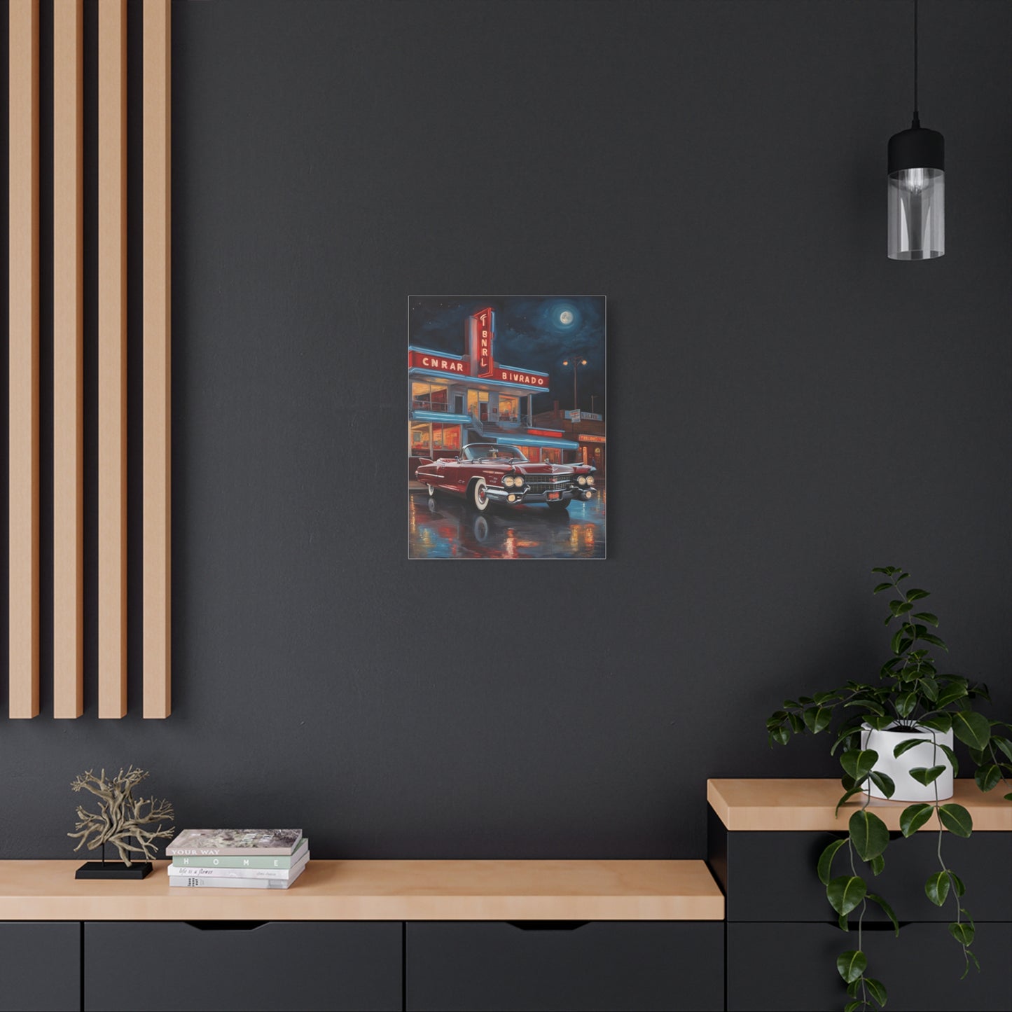 Vintage Car Matte Canvas Art depicting a classic car in a nostalgic diner setting