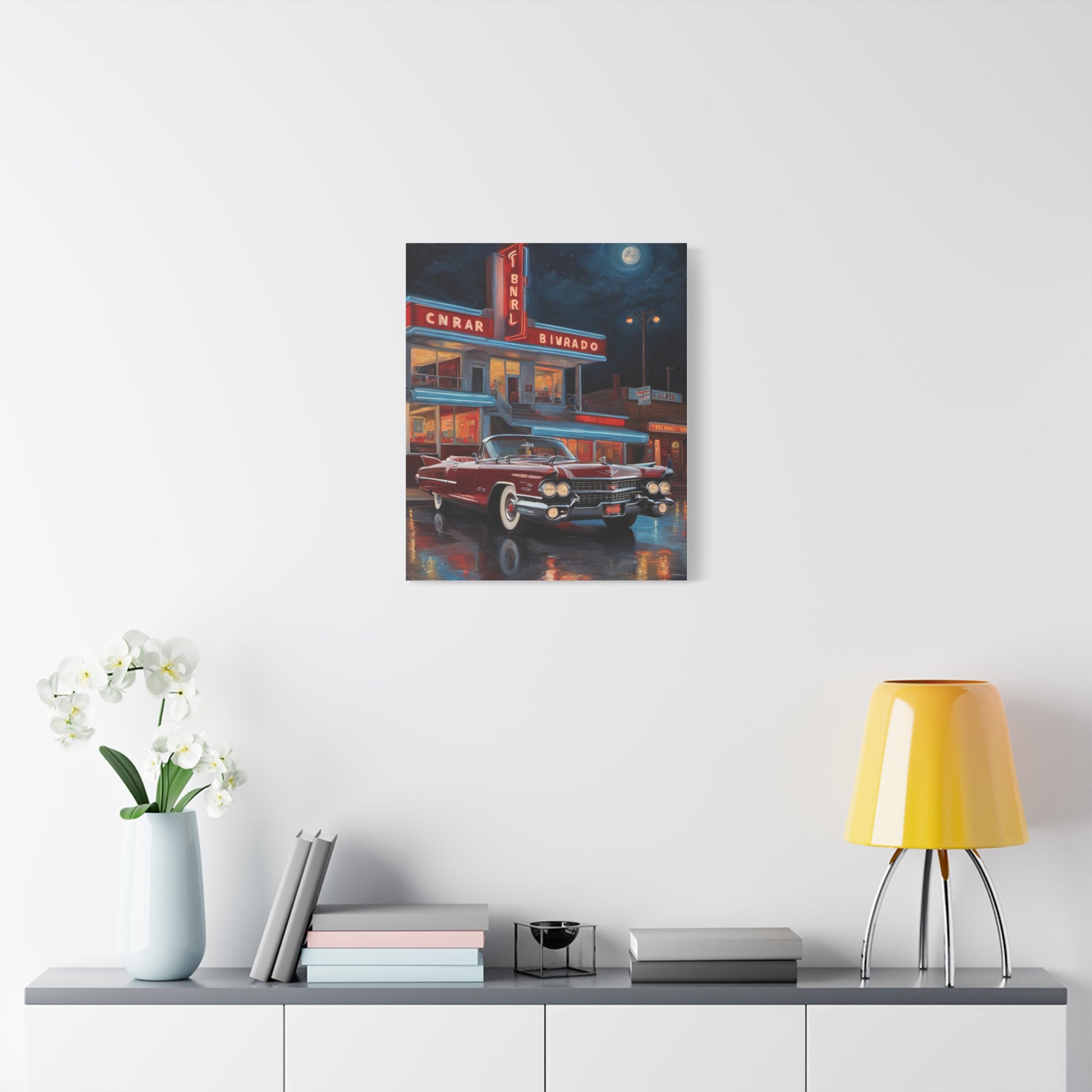 Vintage Car Matte Canvas Art featuring a classic car scene with neon lights and reflections