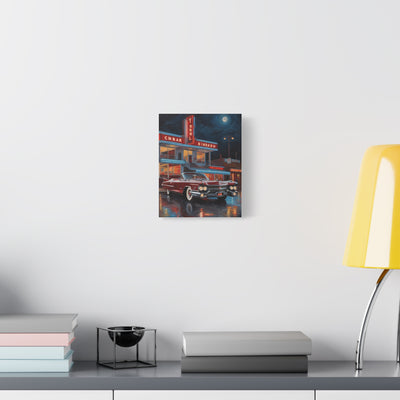 Vintage Car Matte Canvas Art featuring a classic car in a nostalgic urban setting