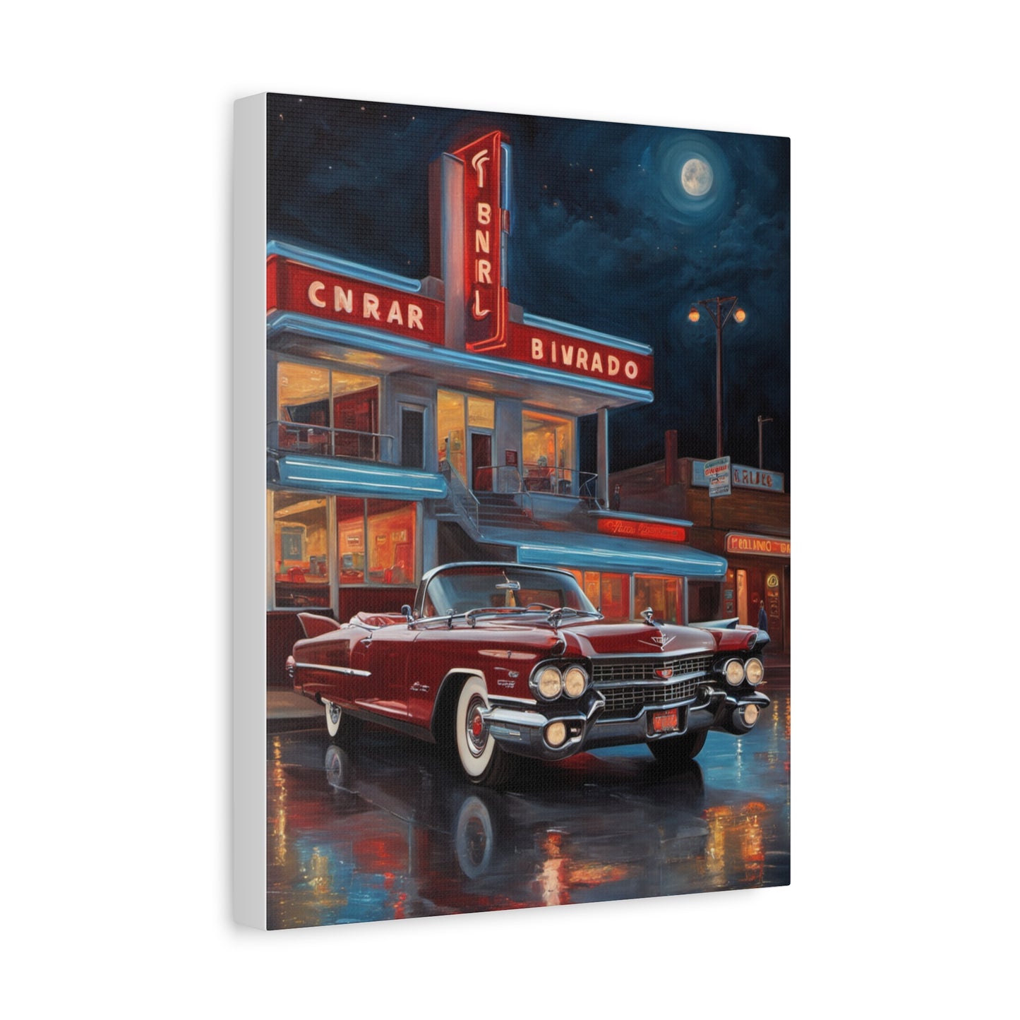 Vintage Car Matte Canvas Art featuring a red classic car outside a retro diner at night