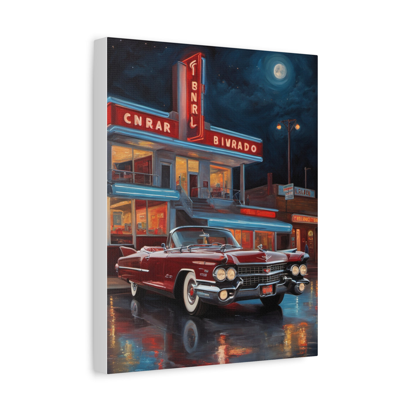 Vintage Car Matte Canvas Art featuring a red classic car outside a retro diner at night