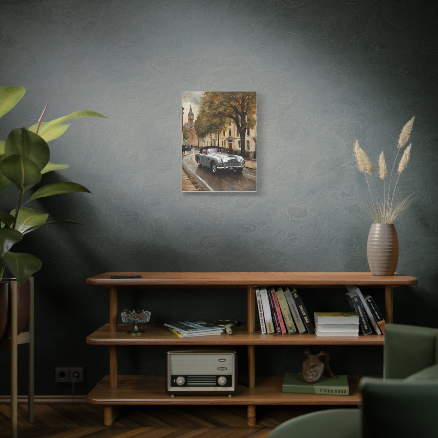 Vintage Car Matte Canvas featuring a classic car on a city street, perfect for home decor