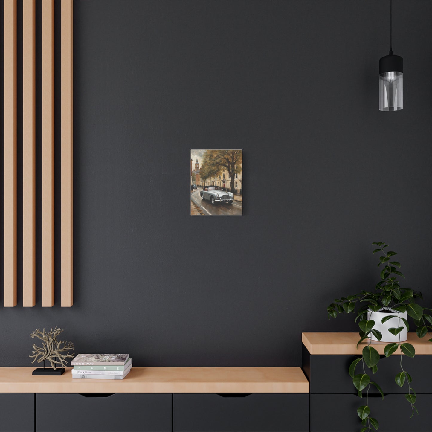 Vintage Car Matte Canvas artwork displayed on a stylish dark wall in a modern living room