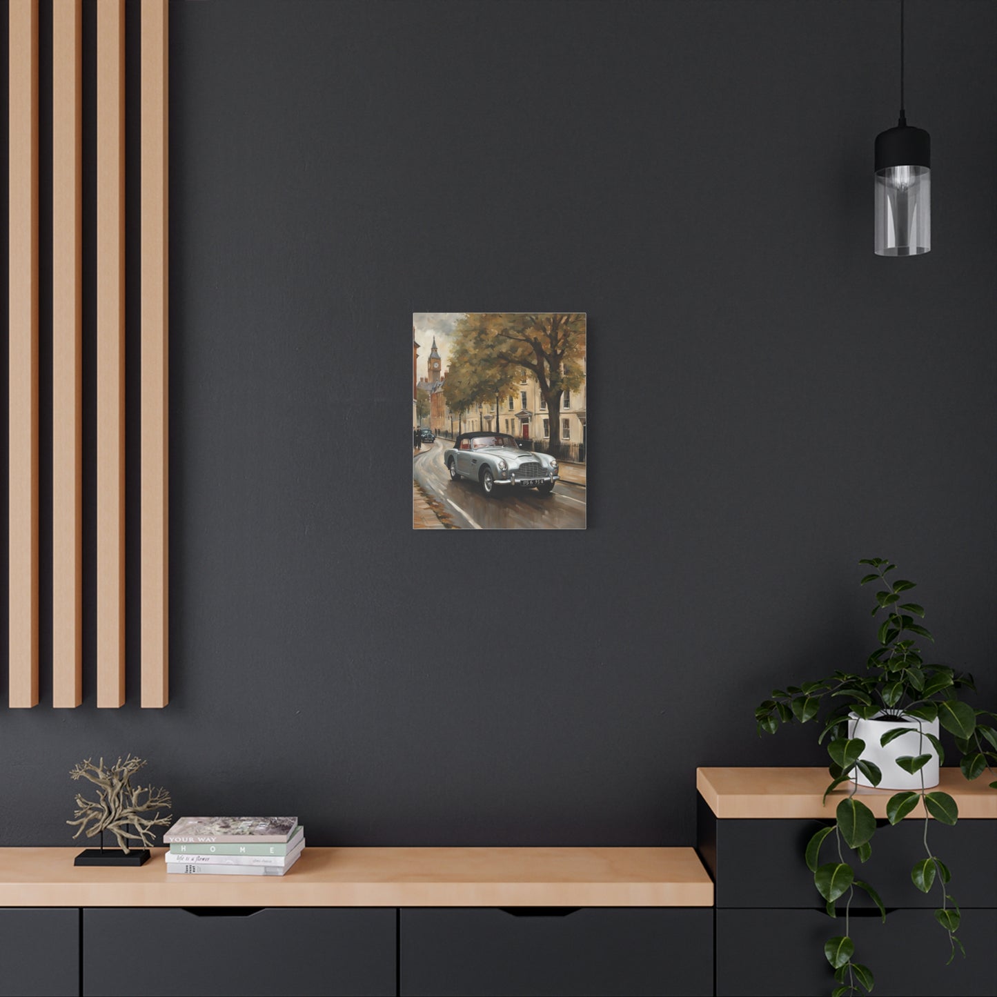 Vintage Car Matte Canvas artwork displayed on a modern black wall with wooden accents