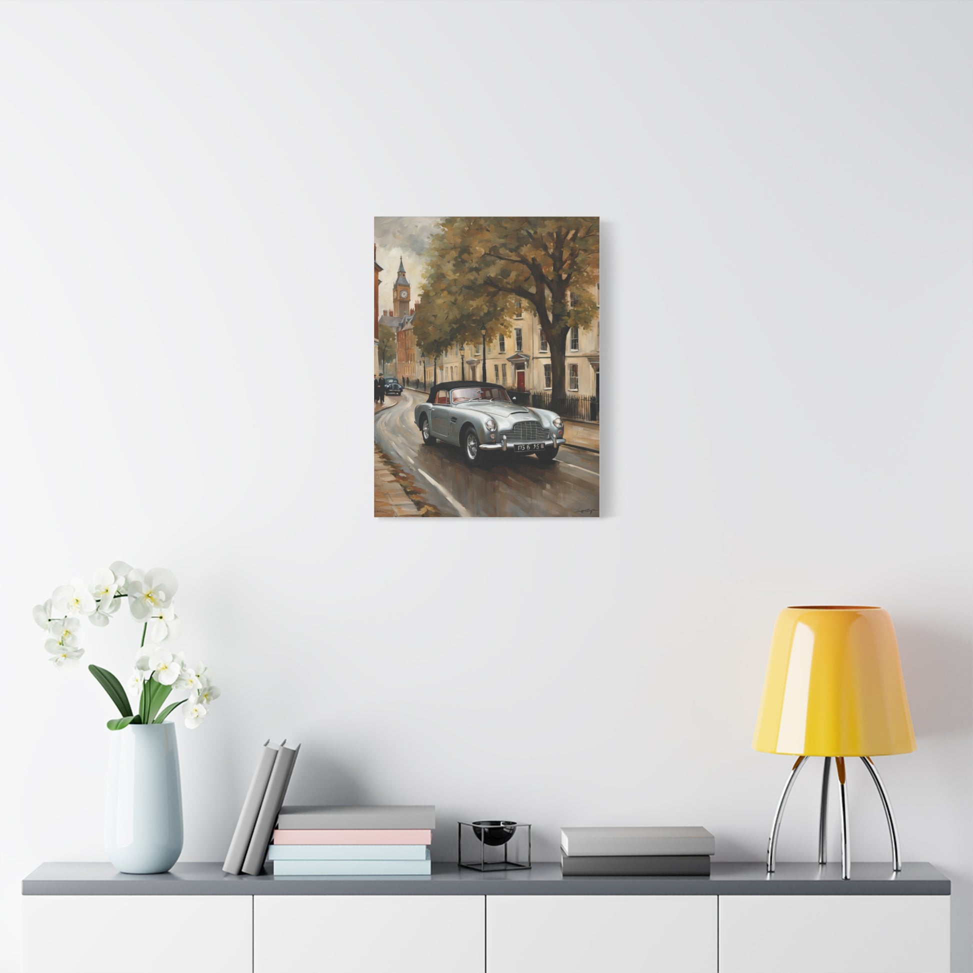 Vintage Car Matte Canvas artwork depicting a classic car on a city street with trees and buildings