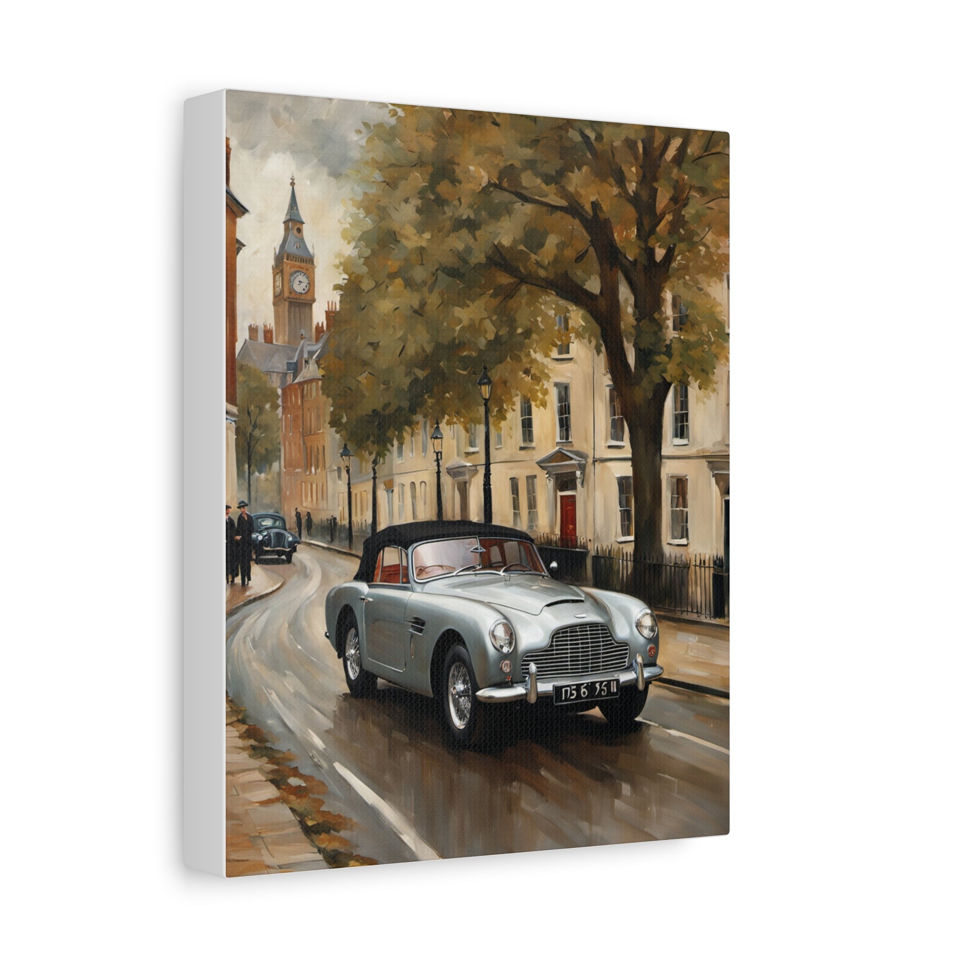 Vintage Car Matte Canvas featuring a classic car driving through a scenic street with autumn trees