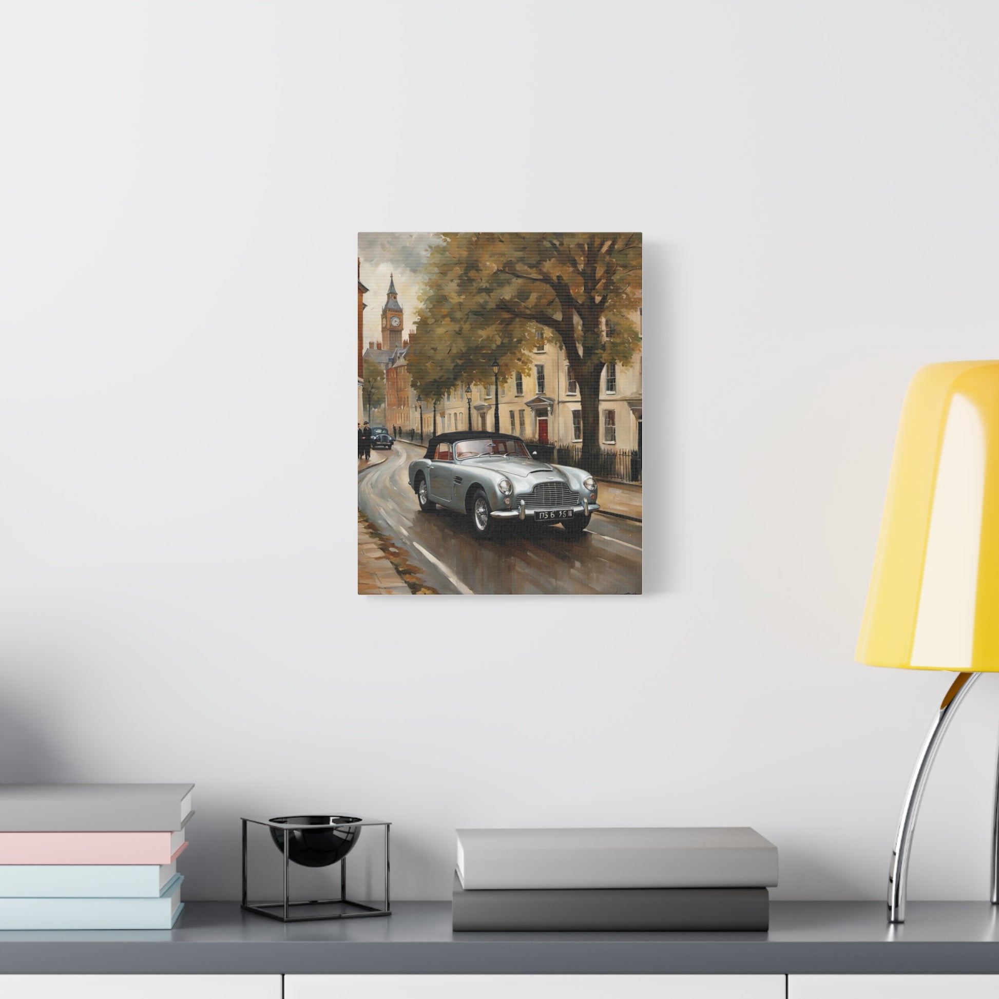 Stylish Vintage Car Matte Canvas depicting a classic car on a scenic street
