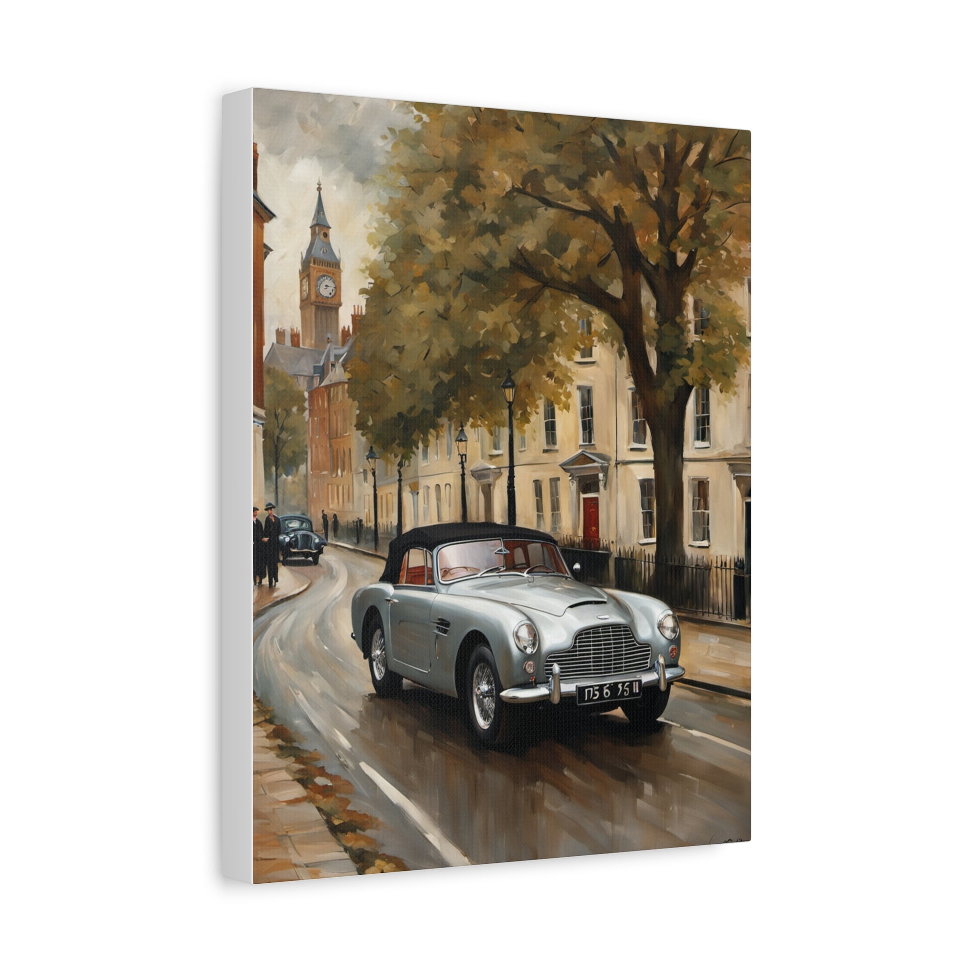 Vintage Car Matte Canvas featuring a classic car driving through a scenic street in autumn