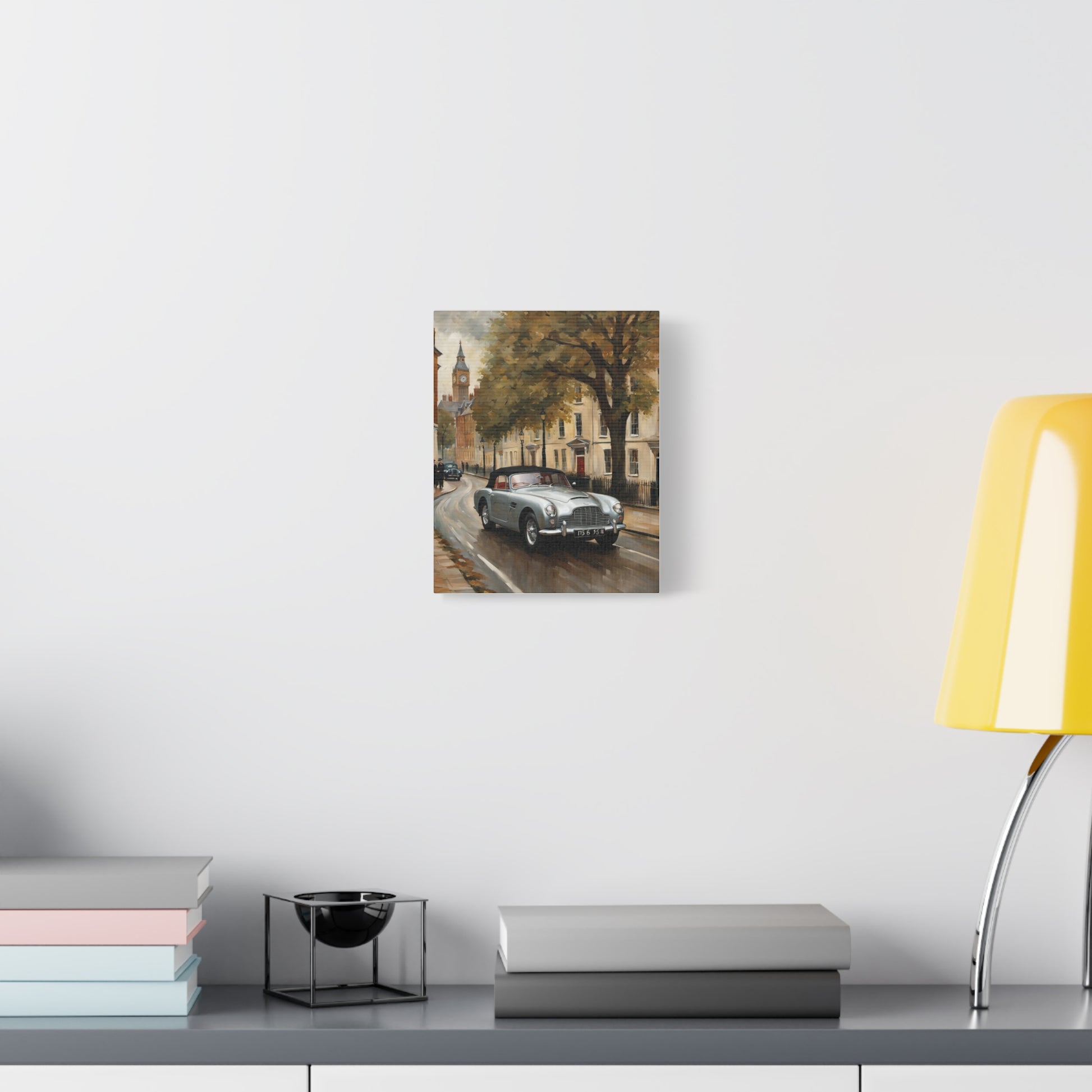 Vintage Car Matte Canvas depicting a classic car on a city street with autumn trees