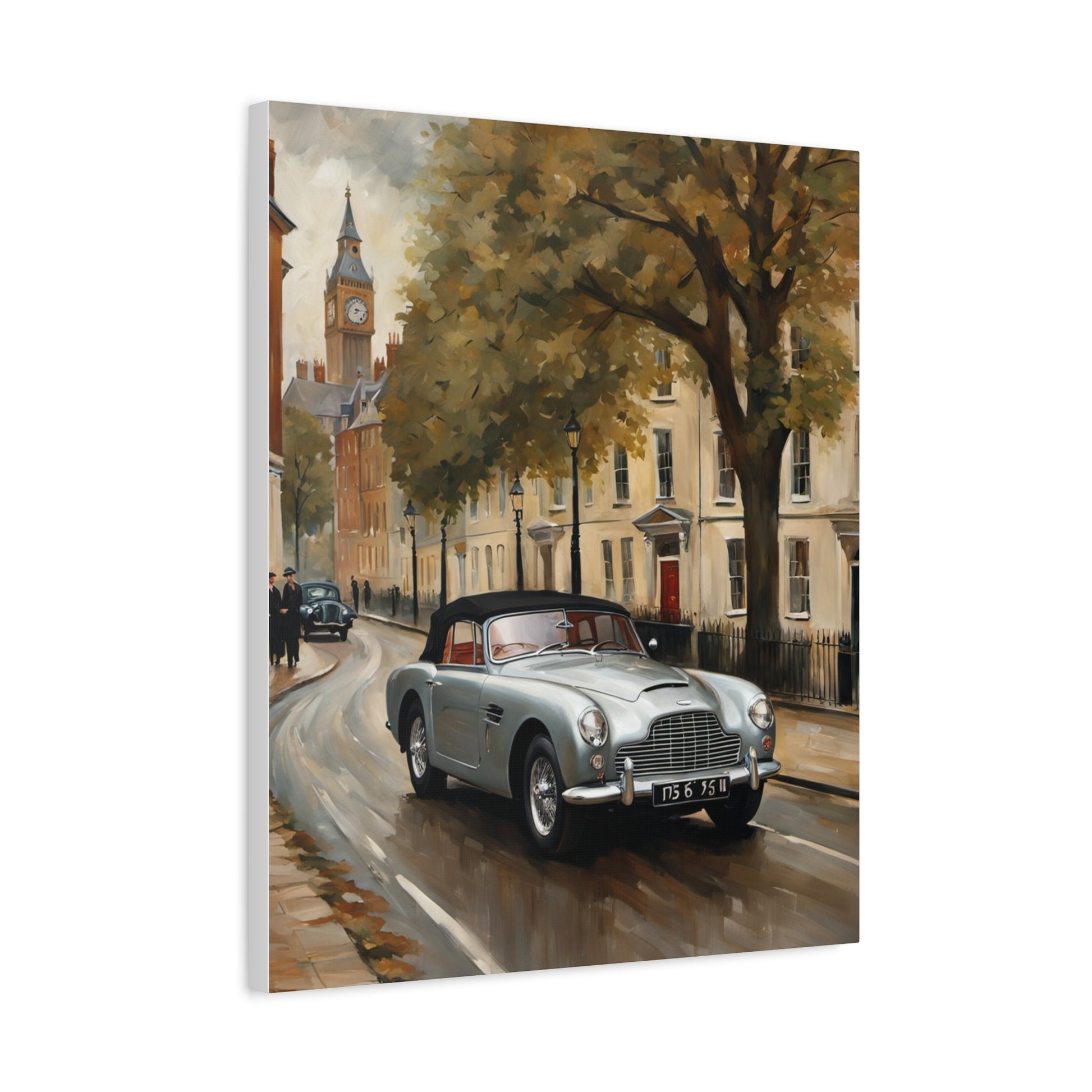 Vintage Car Matte Canvas featuring a classic silver car on a picturesque street scene