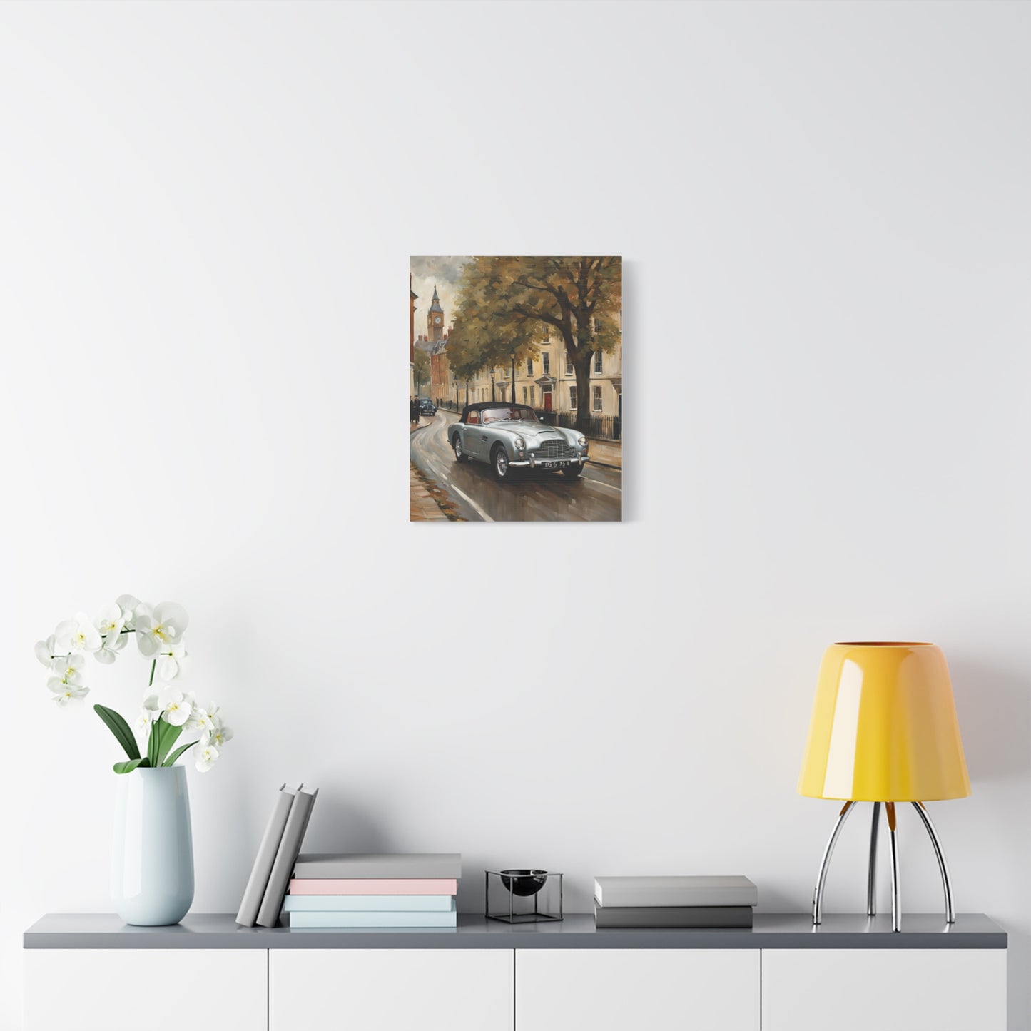 Vintage Car Matte Canvas artwork depicting a classic car on a city street with trees