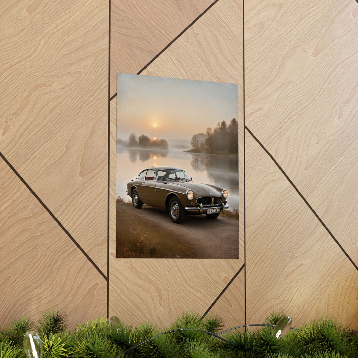 Vintage Car Matte Poster featuring a classic car near a serene lakeside at sunrise