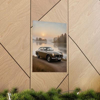 Vintage Car Matte Poster featuring a classic car near a serene lakeside at sunrise