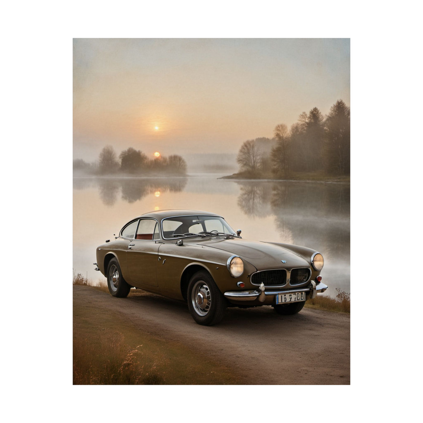 Vintage Car Matte Poster featuring a classic car on a serene lakeside at sunrise