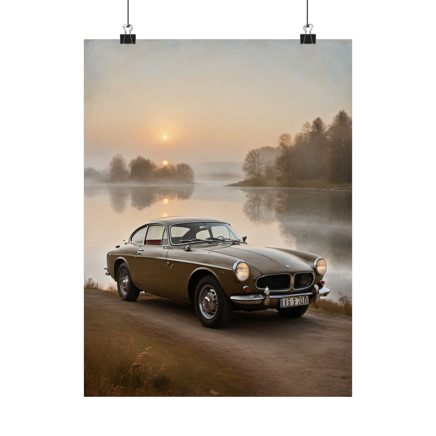 Vintage Car Matte Poster featuring a old car by a serene lake at sunrise