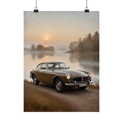 Vintage Car Matte Poster featuring a old car by a serene lake at sunrise