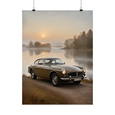 Vintage Car Matte Poster featuring a classic car near a misty lake at sunrise