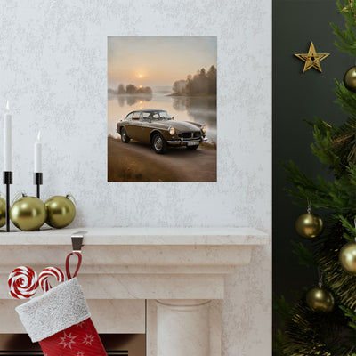 Vintage Car Matte Poster showcasing a classic car by a serene lake at sunrise
