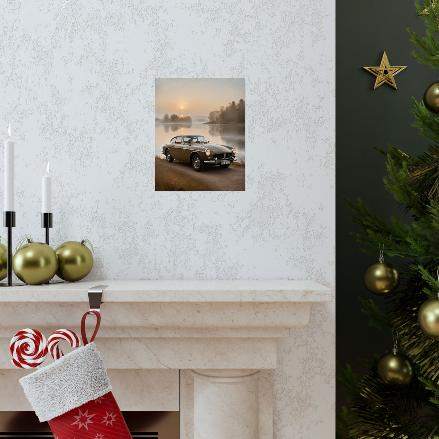 Vintage Car Matte Poster featuring a car by a serene lakeside at sunset