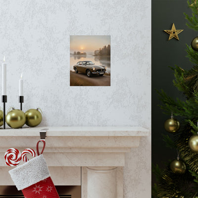 Vintage Car Matte Poster featuring a car by a serene lakeside at sunset