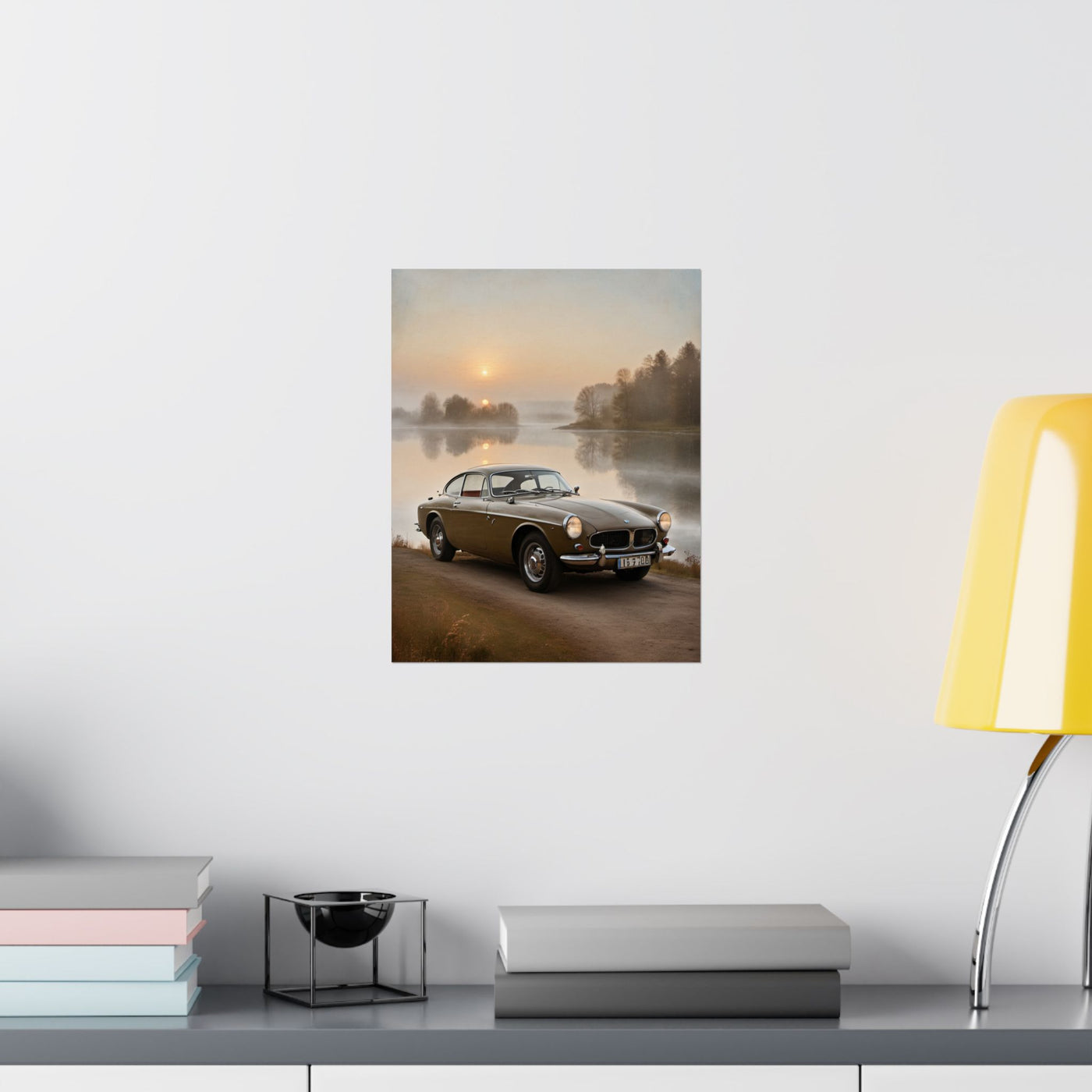 Vintage Car Matte Poster featuring a classic car by a serene lakeside at sunset